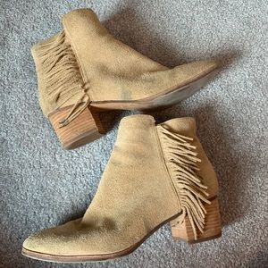 Tan Suede Fringe Side Zip Wooden Heeled Leather Lined Ankle Booties